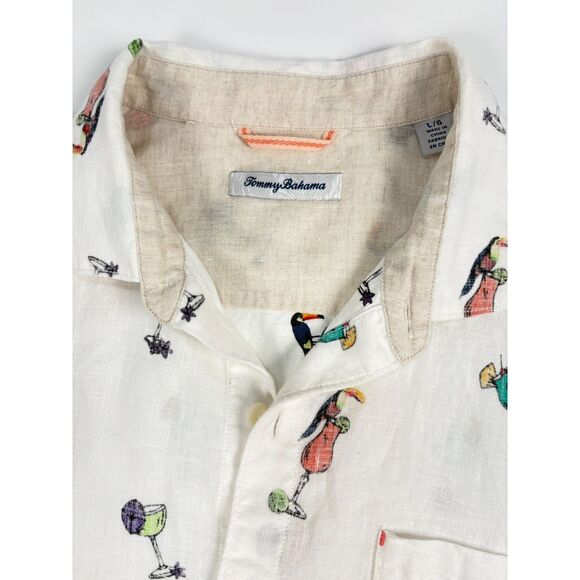 Tommy Bahama Men’s Linen Shirt L | Toucan Cocktail Print Short Sleeve Button-Up - Picture 6 of 7